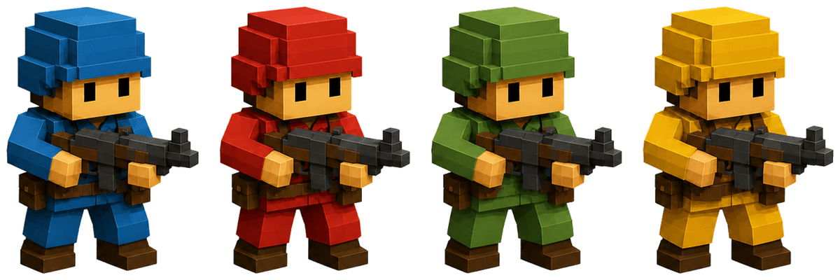 Wee War Mini infantry in blue, red, green, and yellow